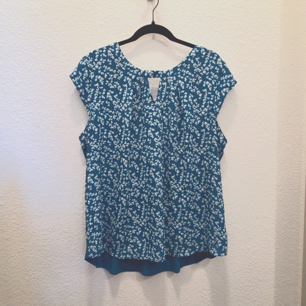 Fortune + Ivy Dani Mixed Material Teal Cap Sleeve Top Blouse